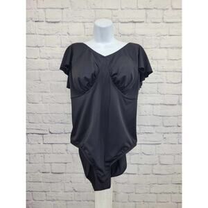 12R BLACK A392811 Denim & Co. Beach Draped Ruffle Sleece One-Piece
